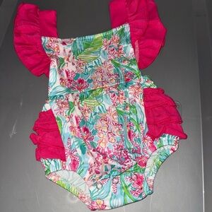 Boutique- Floral Baby Romper with Pink Ruffle Sleeves NWOT